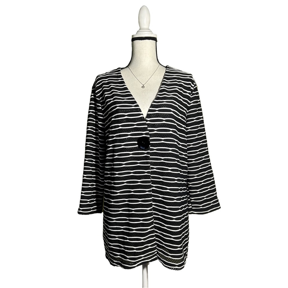 JM Collection Black White Open Mesh Stripe Single Button Blazer Jacket XL